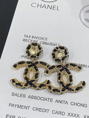 Authentic Chanel Black Gold Braided Leather Large CC Drop Dangle Earrings